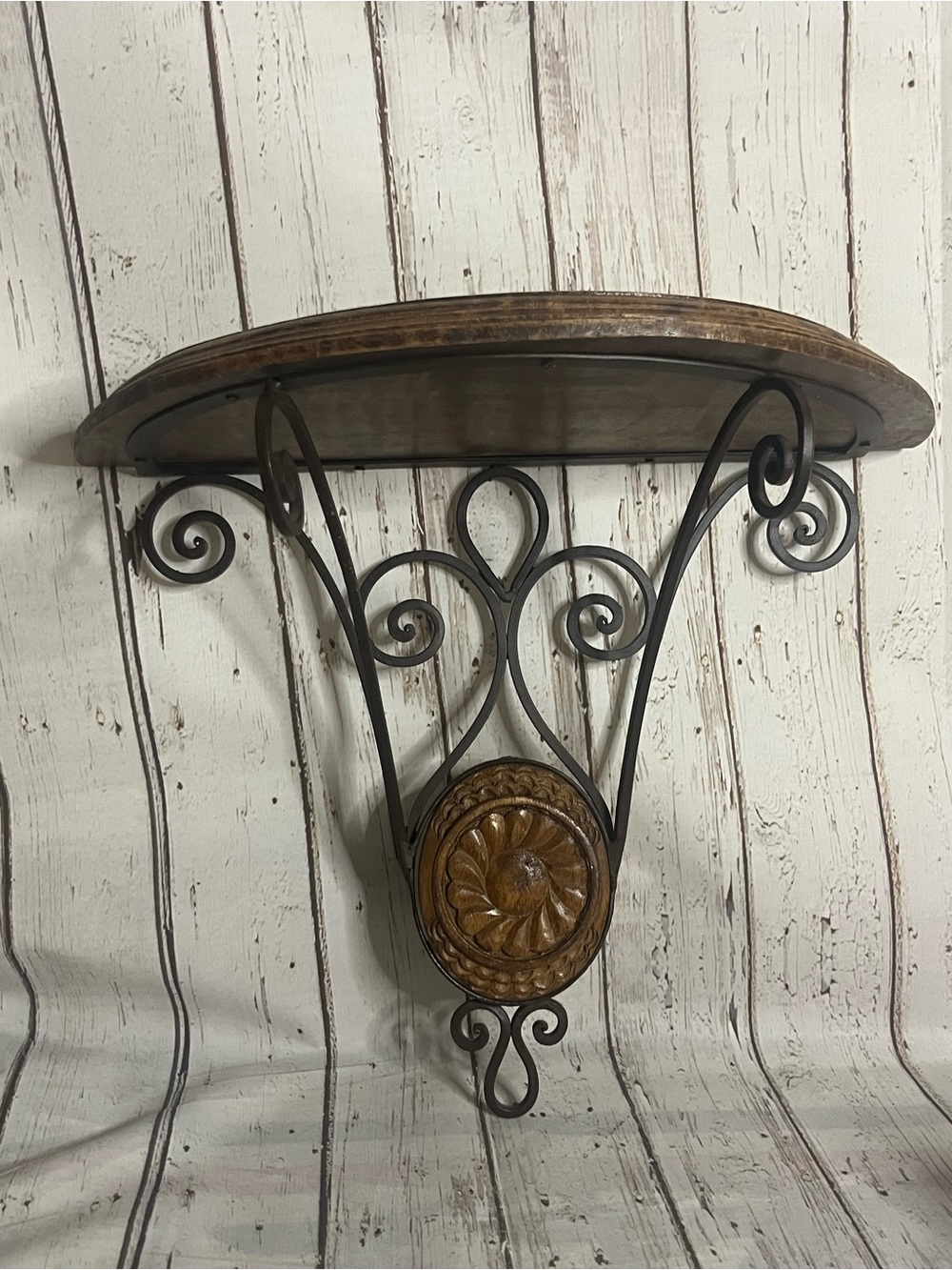 Vtg Half Moon Wood Wall Shelf Scrolled Wrought Iron Ornate Home Decor